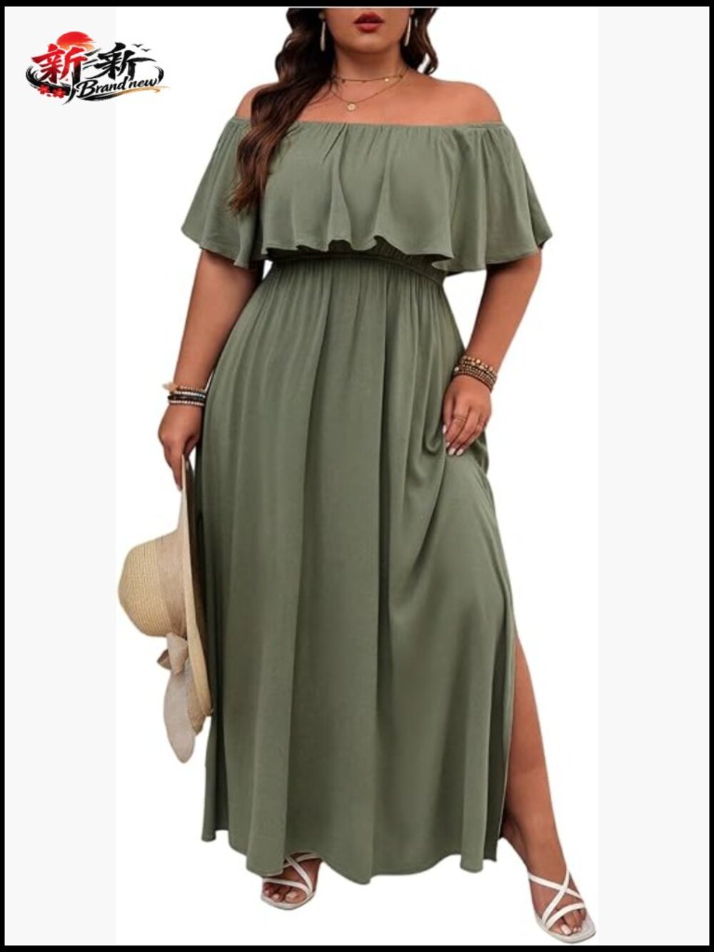 Plus Size Off Shoulder Ruffle Maxi Dress High Slit Beach Vacation
